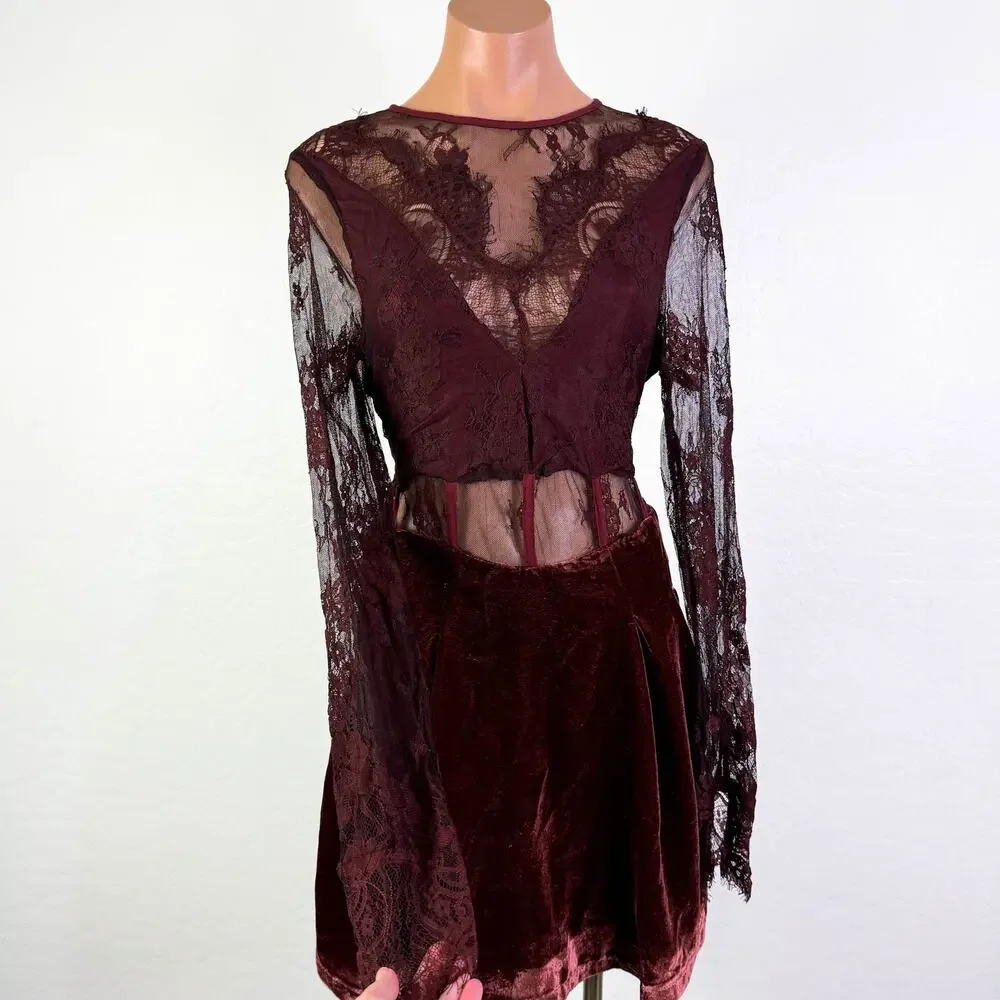 Free People Marlie Lace Velvet Fairy Whimsigoth Mini Dress Wine Grape Sz S NWT